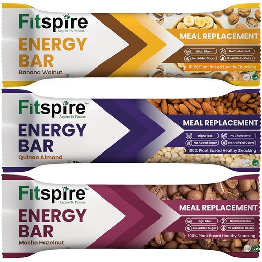 [BRSW2AAPPIGR42Y6] Fitspire Energy Bar Variety Pack 3 x 35g - Quinoa Almond, Mocha Hazelnut and Banana Walnut - Crunchy Granola with Oats, Nuts and Seeds - High Protein and Fiber - Plant-Based Vegan Bar