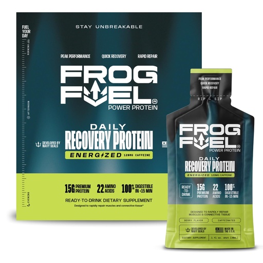 [BRSWGCQOAAOWKDL6] Frog Fuel Power Energized Complete Protein Shot, 15g, Nano Hydrolyzed & Grass Fed, 80mg Caffeine, Gluten Free, Fat & Sugar Free, 22 Amino Acids, 0 Carbs, Berry, 1 oz Packets, 24 Pack