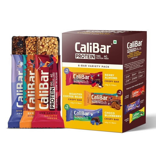 [BRSW2GQZDJ4GOCDJ] CaliBar 10g Protein Bar - Berry Almond + Roasted Coffee Bean + Choco BlueBerry Crispy Bar (Combo Pack of 6) Variety Pack , With Real Coffee, With Real Bits of Cranberry & Blackcurrant, Low In Sugar, Sweetened With Honey, Gluten-Free, 4g Fiber, No Preservatives, No Palm Oil, Delicious Taste & 100% Veg. | Guilt-Free snacking for High Protein diets, Sustained Energy, Fitness & Immunity (40g x 6 Bars)