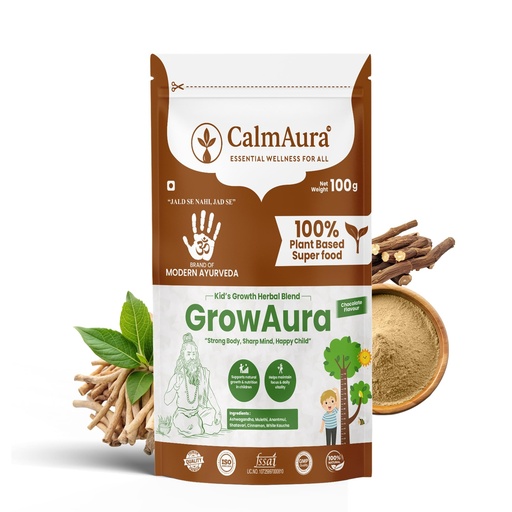 [BRSRGHAECQORED33] CalmAura GrowAura Ayurvedic Kids Growth Nutrition Powder 100g | Chocolate Flavor | Herbal Nutrition Drink For Kids | Supports Healthy Height Growth, Bone Strength, Immunity & Daily Energy | With Ashwagandha, Shatavari | Vegan