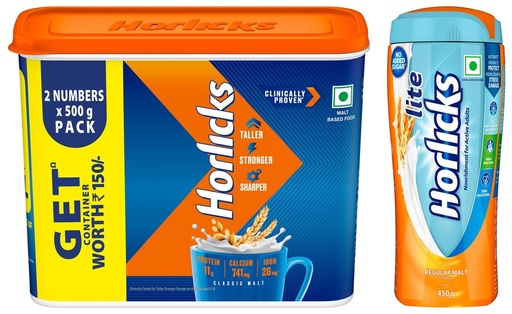 [BRSRAED3PMPWOCTO] Horlicks Malt Based Food Drink Plastic Container|| 1 Kg & Lite 450G, Scientifically Designed For Adults |High Protein, Zero Added Sugar | Malt Flavor