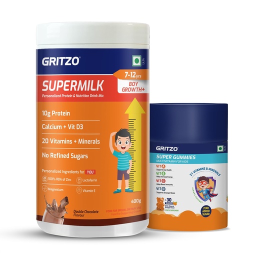[BRSREYYKCB7QEH3F] Gritzo SuperMilk Growth+ (7-12y Boy), 400g + Multivitamin Gummies