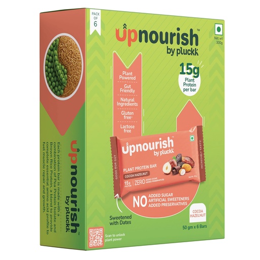 [BRSREGT7CIPBS3Y2] Upnourish by Pluckk | 15G Plant Protein Bar | Cocoa Hazelnut | No Preservative | No Added Sugar | Gut Friendly (Pack of 6) - 300G