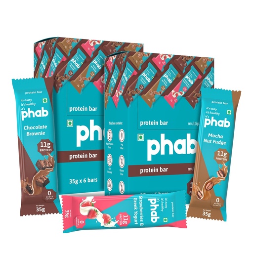 [BRSRGHD3DJ7BSHL5] Phab Assorted Protein Bars (Chocolate, Mocha, Strawberry) 11g Protein, No Added Sugar | High Fibre, Trans Fat-Free & No Preservatives |Healthy & Tasty | GMO Free (Pack of 12 x 35g)