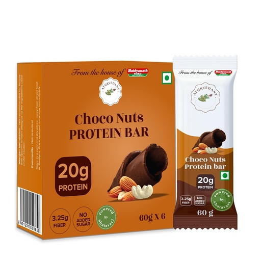 [BRSREGDYDMBGMCT3] Ayurvedant Choco Nuts Protein Bar, 20g Protein, No Added Sugar, 60g x 6 Pack|From The House Of Baidyanath