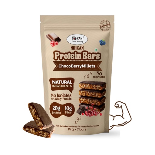 [BRSRAALRCQBWYFDL] NIHKAN Choco Berry Millets Protein Mini Bars | Sugar-Free, Preservatives Free, Natural Ingredients Energy bar | Made with Millets, Dark chocolate & Cranberries Blueberries | Gluten free & Vegan | 15 g x 7 bites