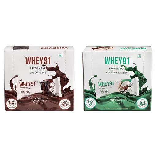 [BRSRGCY2AQGWOF3B] Whey91 Choco Fudge Protein Bar, 10g Protein & 4g Fiber in each, No Added Preservatives, No Artificial Flavours, 210g- (Pack of 6)|Whey91 Coconut Delight Protein Bar, 10g Protein & 3.2g Fiber in