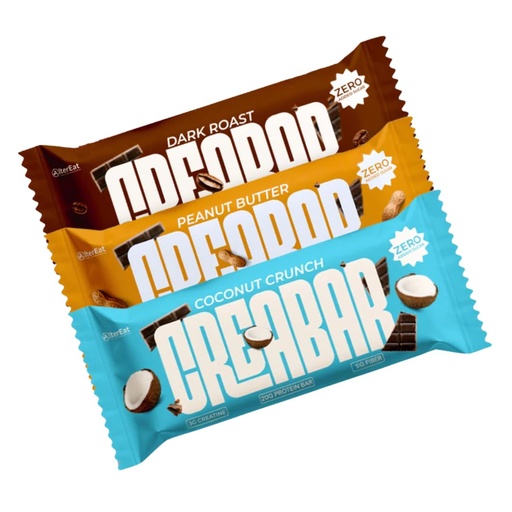 [BRSREHQCOUGWC2TF] Alter Eat Creabar - Trial Box (Pack of 3) | Peanut Butter Coconut Crunch Dark Roast Sampler | Mixed Flavour Protein Snack Bars | 1000GM