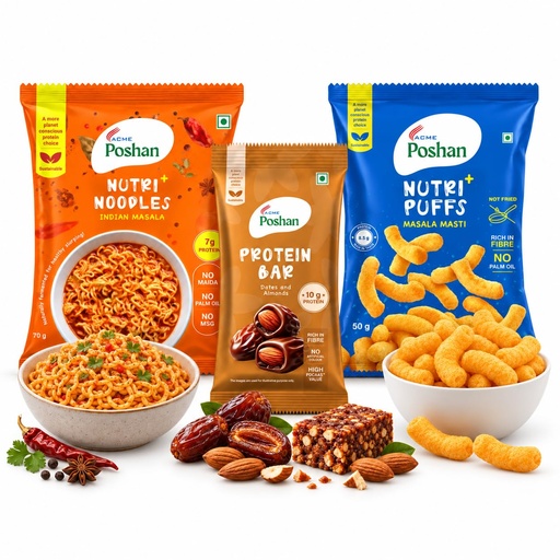 [BRSRYED6A4HQM3DF] ACME Poshan Snack Variety Pack, Dates & Almonds Protein Bar, Nutri+ Noodles Indian Masala, Nutri+ Puffs Masala Masti, High Protein, No Palm Oil, No MSG Healthy Snacks Combo, Pack of 3 (170g Total)