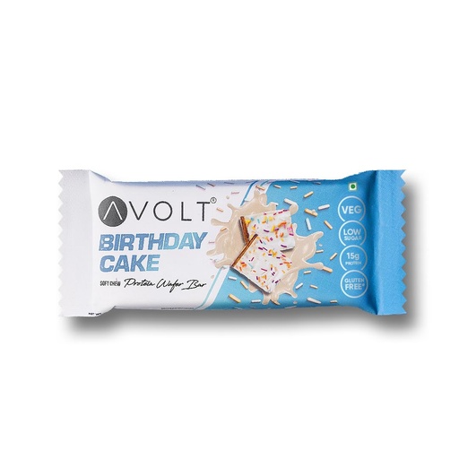 [BRSRGBANBZYBYFL6] Avolt Birthday Cake Protein Bars with 15g Protein | Pack of 1 | High Energy Wafer Bars, No Added Sugar | 100% Veg | Guilt-Free Bar for Fitness & Immunity Booster