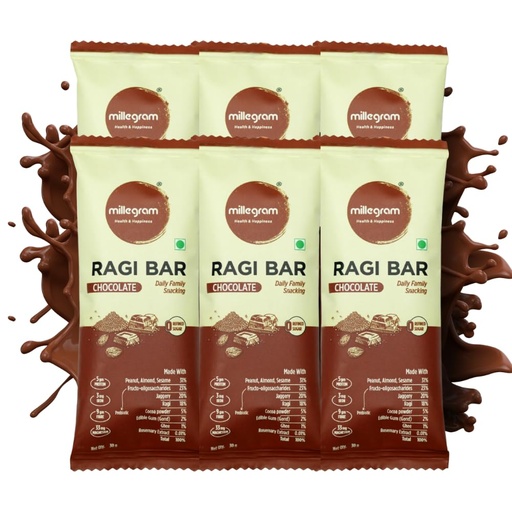 [BRSRGYAEAUBAI3DL] Millegram Ragi Bites Chocolate Flavour (Pack of 6 X 30G) - 5G Protein & 9G Fiber Each Bars | High Protein Goodness of Ragi, Peanut Butter, Jaggery Almond & Cow Ghee. Gluten-Free Snack with No Added Refined Sugar, Preservative-Free
