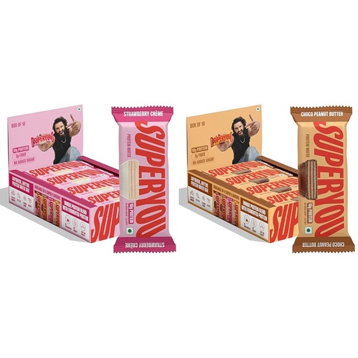 [BRSREAQNB4HAMA3Z] Superyou Strawberry & Choco Peanut Butter Protein Wafer Bars Combo. 10g Protein, 3g Fiber, No Added Sugar, Vegetarian, No Palm Oil. 400g each.