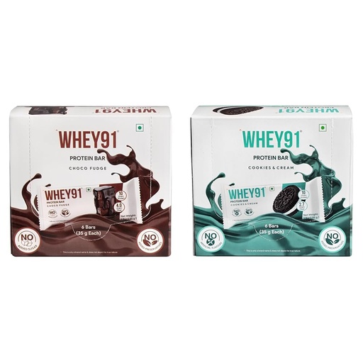 [BRSRGCY2AEBRSAA3] Whey91 Choco Fudge Protein Bar, 10g Protein & 4g Fiber in each, No Added Preservatives, No Artificial Flavours, 210g- (Pack of 6)|Whey91 Cookies & Cream Protein Bar, 10g Protein & 2.7g Fiber in