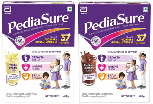 [BRSRM233BYBQKAY2] Pediasure Health & Nutrition Drink Powder 400g, Premium Chocolate Flavour Complete & Balanced Nutrition for Kids Growth - Refill pack & Health and Nutrition Drink Powder 400g, Vanilla Delight Flavour