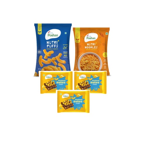 [BRSRYED6BAIAEC3A] ACME Poshan Snack Variety Pack, Perfect Dates Mango of 3, Nutri+ Noodles Indian Masala, Nutri+ Puffs Masala Masti, No Palm Oil, High Protein Healthy Snacks Combo