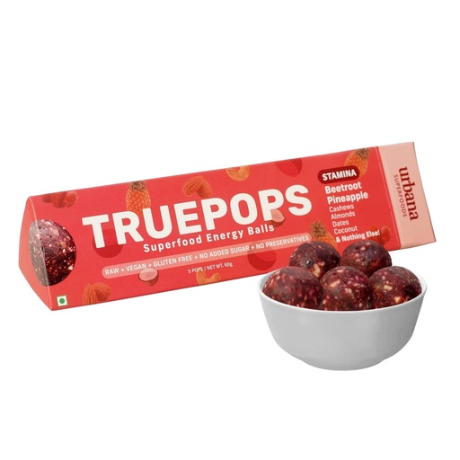 [BRSWYYI7OYIBGDQV] Urbana Superfoods Truepops Energy Balls | Healthy Vegan Snack | Beetroot Pineapple Flavor | Gluten Free, Keto Friendly | Natural Superfood Bites | 240g (4 x 60g)
