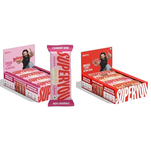 [BRSREAQNB54BGD3L] Superyou Strawberry & Assorted Protein Wafer Bars Combo. 10g Protein, 3g Fiber, No Added Sugar, Vegetarian, No Palm Oil. 400g each.