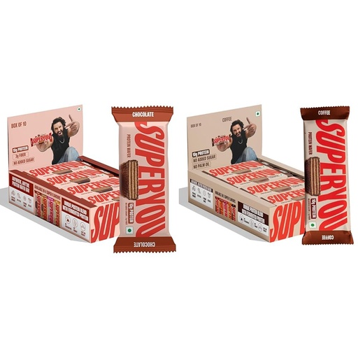 [BRSREAQNAQHGEDT4] SuperYou Chocolate & Coffee Protein Wafer Bars Combo. 10g Protein, 3g Fiber, No Added Sugar, Vegetarian, No Palm Oil. 400g each.