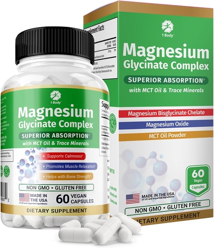 [BRSRABTRC4JQ4E3A] 1 Body Magnesium Glycinate Complex, High Absorption Magnesium Supplement for Calm, Muscle Relaxation & Bone Health Support, Vegan with MCT Oil & Trace Minerals, Non-GMO, 60 Capsules