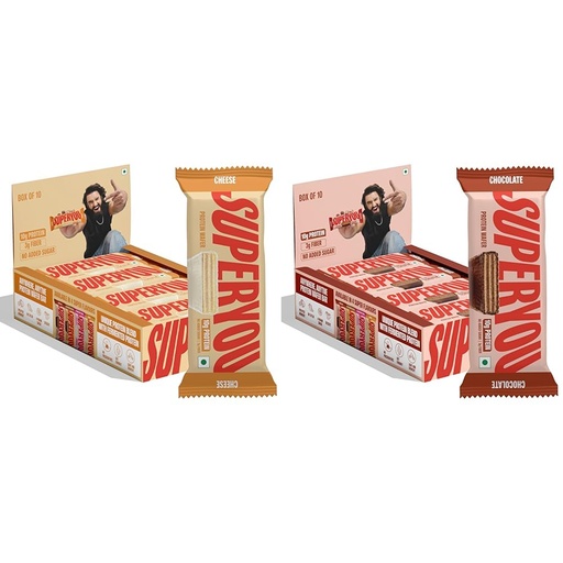 [BRSREAQNBUIA23Q2] SuperYou Cheese & Chocolate Protein Wafer Bars Combo. 10g Protein, 3g Fiber, No Added Sugar, Vegetarian, No Palm Oil. 400g each.