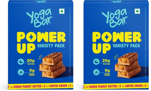 [BRSRYZAOOQBBMADJ] Yogabar Power Up 20g Protein Bar (5 Bars, Variety Pack, No Added Sugar) | Zero Added Sugar Protein Bars | High Protein Blend - Whey Protein Concentrate, Peanuts & Soy (Pack of 2)