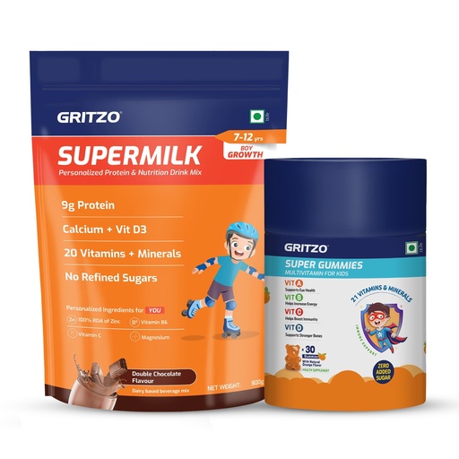 [BRSREYYKDICWO2DL] Gritzo SuperMilk Growth (7-12y Boy), 800g + Multivitamin Gummies