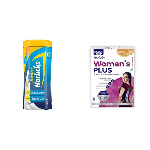 [BRSRAEABO4FGMCIV] Junior Horlicks Health & Nutrition Drink Vanilla, 500G Jar, 2 To 6 Years & Horlicks Women's Plus Caramel Refill 400g