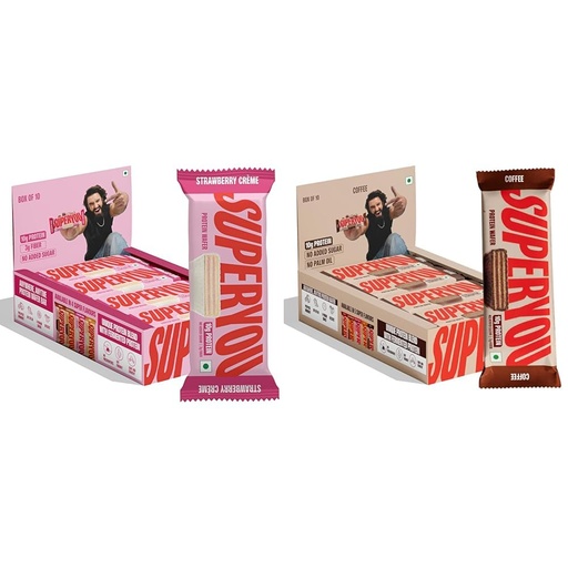 [BRSREAQNBYBAGDIU] Superyou Strawberry & Coffee Protein Wafer Bars Combo. 10g Protein, 3g Fiber, No Added Sugar, Vegetarian, No Palm Oil. 400g each.