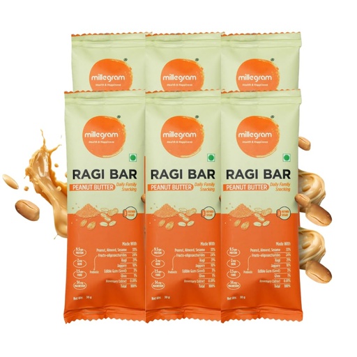 [BRSRGYA2BUOW2FY7] Millegram Ragi Bars Peanut Butter Flavour 30g - Pack Of 6 | Protein 9.5, Fibre 7.5, Magnesium, Iron, Goodness of Ragi, Peanut Butter, Jaggery Almond & Cow Ghee. Gluten-Free Snack with No Added Refined Sugar, Preservatives