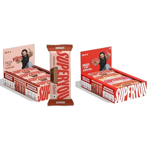 [BRSREAQNB56WYCLD] SuperYou Chocolate & Assorted Protein Wafer Bars Combo. 10g Protein, 3g Fiber, No Added Sugar, Vegetarian, No Palm Oil. 400g each.