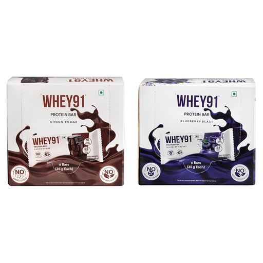 [BRSRGCY2BZ7R4CLD] Whey91 Choco Fudge Protein Bar, 10g Protein & 4g Fiber in each, No Added Preservatives, No Artificial Flavours, 210g- (Pack of 6)|Whey91 Blueberry Blast Protein Bar, 10g Protein & 3.9g Fiber in