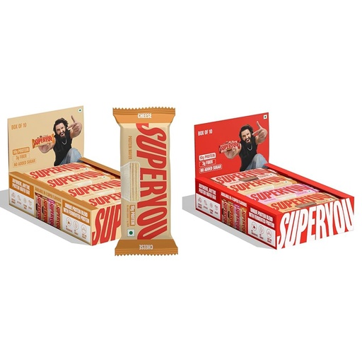 [BRSREAQNBVYREG3V] SuperYou Cheese & Assorted Protein Wafer Bars Combo. 10g Protein, 3g Fiber, No Added Sugar, Vegetarian, No Palm Oil. 400g each.