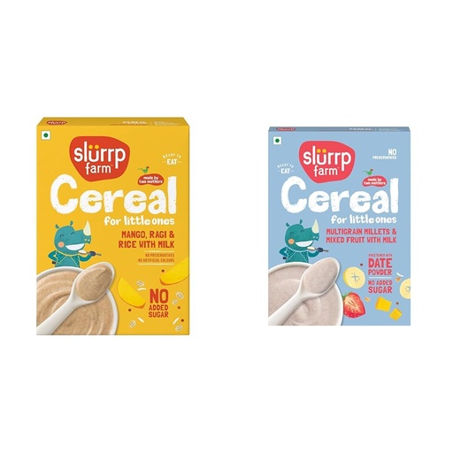 [BRSRYY3YOUJRUFD5] SLURRP FARM No Added Sugar Instant Cereal | Ragi, Rice and Mango with Milk, 200 Grams + Slurrp Farm Multigrain Millets and Mixed Fruits with Milk | Mildly Sweetened with Date Powder | No P