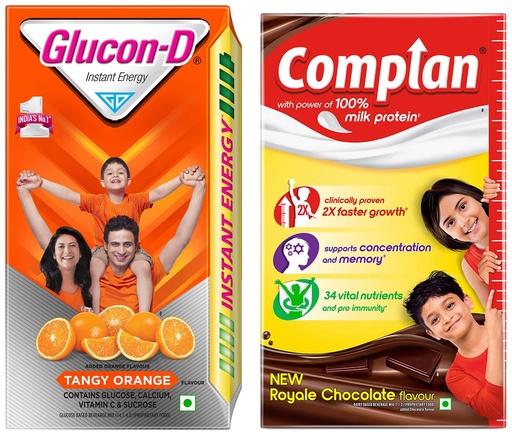 [BRSRACQTCUCAI33K] Complan Nutrition Drink Powder for Children, Royale Chocolate Flavour, 1 Kg & Glucon-D Tangy Orange Glucose Powder, 1Kg