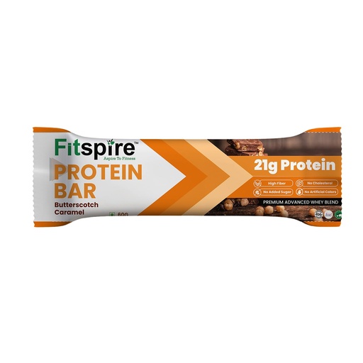 [BRSROHDYPJYAYF3G] Fitspire Butterscotch Caramel Protein Bar (60g)- 21g Protein from Whey Blend- Low Sugar High Fiber Snack- Supports Muscle Recovery, Satiety and Energy- No Artificial Preservatives