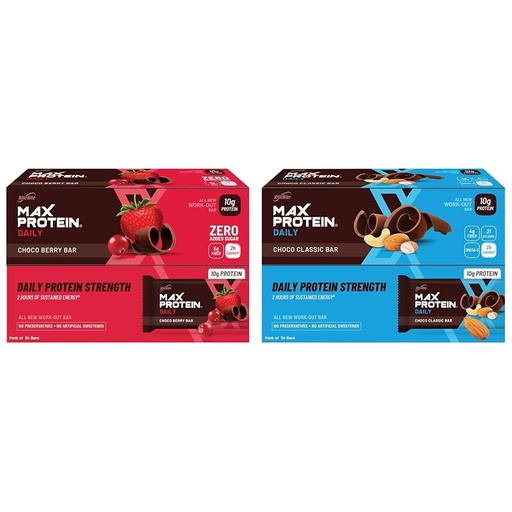 [BRSREZQDC4PGYETP] RiteBite Max Protein Daily Bars - Choco Berry & Choco Classic, 10g Protein, 5g Fiber, 50g Each (Pack of 24) Combo