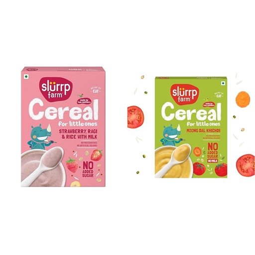 [BRSRYY3YOF6RQAAZ] Slurrp Farm Cereal, Ragi, Rice and Strawberry with Milk, Instant Healthy Food, NO Added Sugar, + Slurrp Farm No Added Sugar Instant Moong Dal Khichdi for Little Ones | No Salt, No Milk |