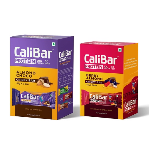 [BRSRGC35OQMQE3DO] CaliBar 20g & 10g Protein Bar Almond Choco & Berry Almond Crispy Protein Bar Combo - No Added Sugar, Gluten-Free, 4g Fiber, No Preservatives, No Palm Oil & 100% Veg. (12 Bars)