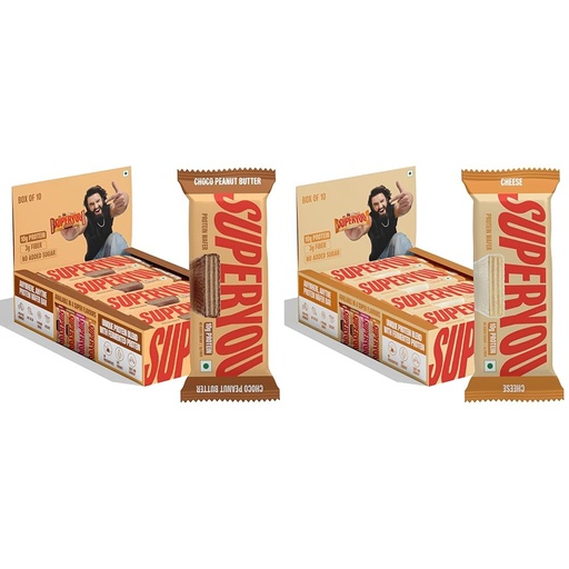 [BRSREAQNBYBRYDY7] Superyou Choco Peanut Butter & Cheese Protein Wafer Bars Combo. 10g Protein, 3g Fiber, No Added Sugar, Vegetarian, No Palm Oil. 400g each.