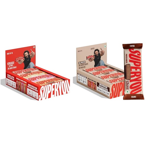 [BRSREAQNBZ5BSGYV] SuperYou Assorted & Coffee Protein Wafer Bars Combo. 10g Protein, 3g Fiber, No Added Sugar, Vegetarian, No Palm Oil. 400g each.