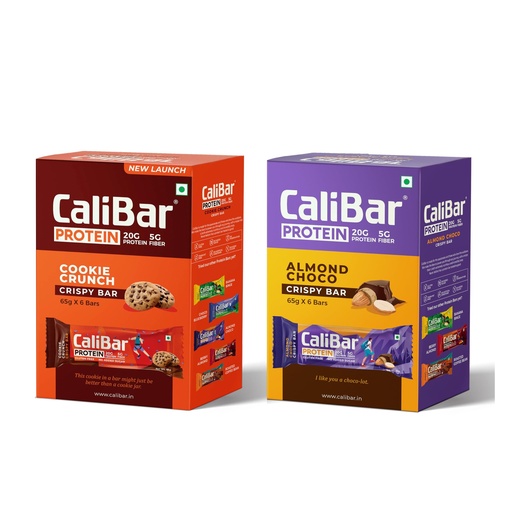 [BRSRGCYPO4CAY3LV] CaliBar 20g Protein Bar Cookie Crunch & Almond Choco Crispy Protein Bar Combo - No Added Sugar, Gluten-Free, 5g Fiber, No Preservatives, No Palm Oil & 100% Veg. (12 Bars)