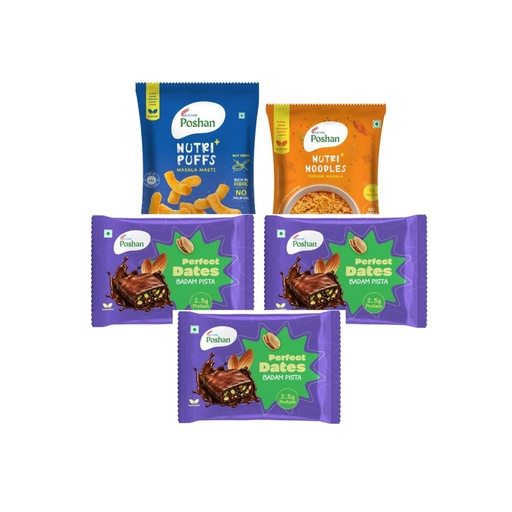 [BRSRYED6AEHGCHL6] ACME Poshan Snack Variety Pack, Perfect Dates Badam Pista Pack of 3, Nutri+ Noodles Indian Masala, Nutri+ Puffs Masala Masti, No Palm Oil, High Protein Healthy Snacks Combo