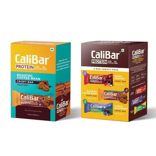 [BRSRGBACBEFRU2AV] CaliBar 10g Protein Bar Variety Pack & Roasted Coffee Bean Crispy Protein Bar Combo - No Added Sugar, Gluten-Free, 4g Fiber, No Preservatives, No Palm Oil & 100% Veg. (40g x 12 Bars)