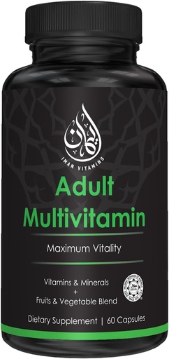 [BRSROGILAEPRU2DB] Cápsulas multivitamínicas completas de halal para adultos Hombres " Mujeres ANTE 42 Frutas " Lámina vegetal con hierro, zinc, coQ10, ácido fólico y vitamina A, B1, B3, B6, B12, C, D3, E TENIDO 60 Cuenta