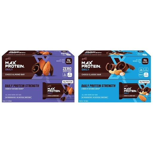 [BRSREZQDDF5AMFDO] RiteBite Max Protein Daily Bars - Choco Almond & Choco Classic, 10g Protein, 4g Fiber, 21 Vitamins & Minerals, 50g Each (Pack of 24), 1200g Combo