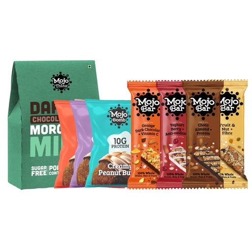 [BRSW2BIBCV7A2FY3] Mojo Bar Assorted Combo - 4 Energy Bars + 3 Protein Bombs + 1 box of Dark Chocolate Sugar Free Mint Thins, 323g
