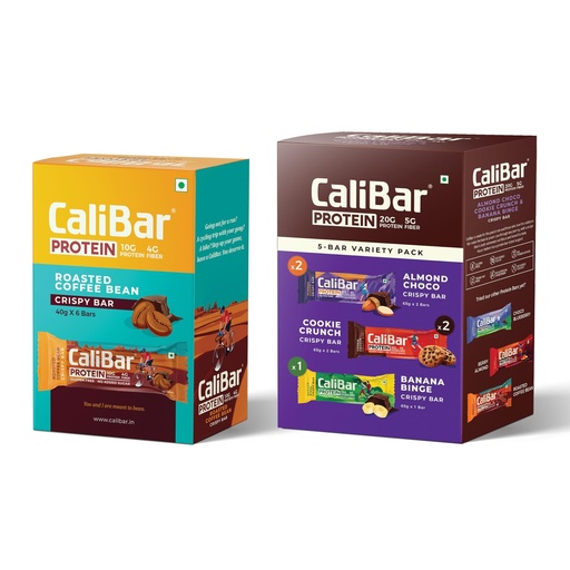 [BRSRMHT6BAPWEH34] CaliBar 20g & 10g Protein Bar - 2 Bars Almond Choco,1 Banana Binge & 2 Cookie Crunch + 6 Roasted Coffee Bean (Pack of 11) No Added Sugar, Gluten-Free, High Fiber (65g x 5) + (40g x 6)