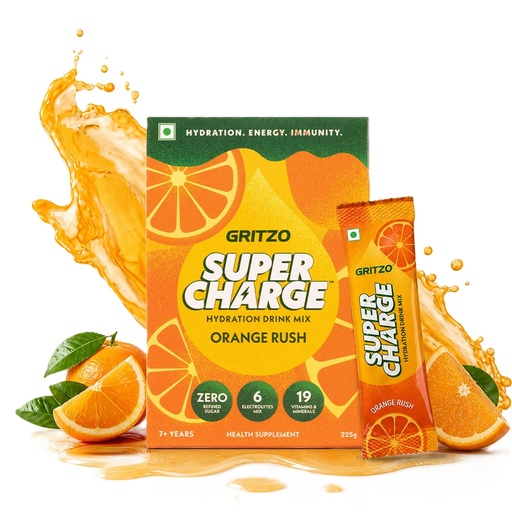 [BRSRGCABAEHR4C34] Gritzo Supercharge Hydration Drink Mix (7+y) Orange Rush, 15 Sachets