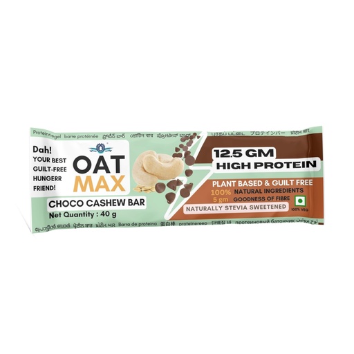 [BRSROHYYBACGG3DZ] OATMAX PROTEIN OAT BAR- NUTRITION CASHEW CHOCO BAR- PACK OF 5 (40 GM EACH) 12.5 GM HIGH PROTEIN, FIBER, VITAMINS & MINERALS, NO PRESERVATIVES, 100% VEG, NO ADDED SUGAR, FOR ENERGY, FITNESS (CASHEW CHOCO)