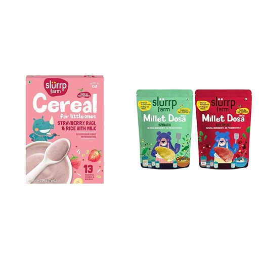 [BRSW2BAOA4IQYHTK] Slurrp Farm Baby Cereal, Ragi, Rice and Strawberry with Milk, Instant Healthy Wholesome Food, 200 g & Millet Dosa Instant Mix, Supergrains Spinach and Beetroot, Natural and Healthy Food, 150